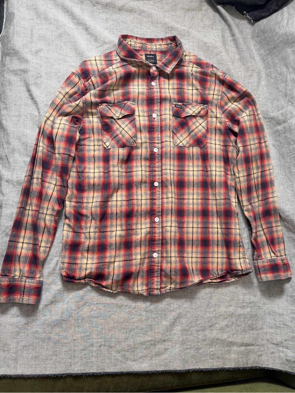 RVCA Men's Red and Cream Plaid Button-Down Shirt